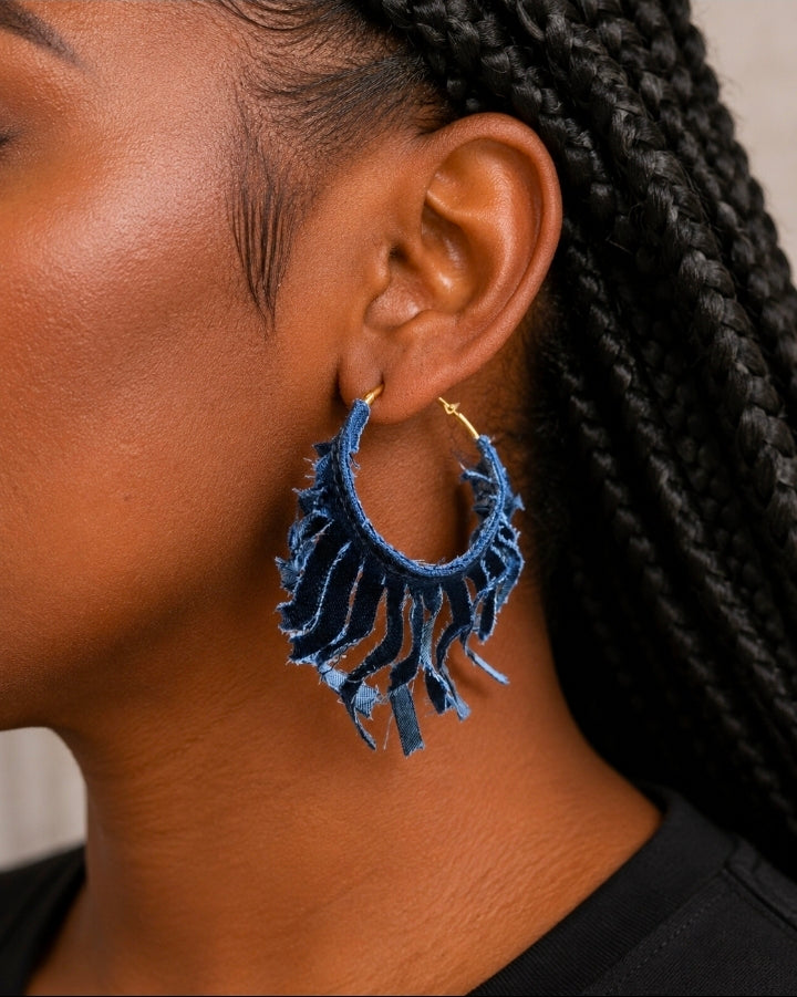 Handmade Denim Fringe Hoop Earrings