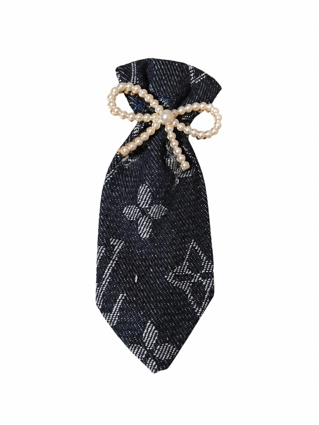Pearl Bow Monogram LV Mini Brooch Tie - Dark Denim