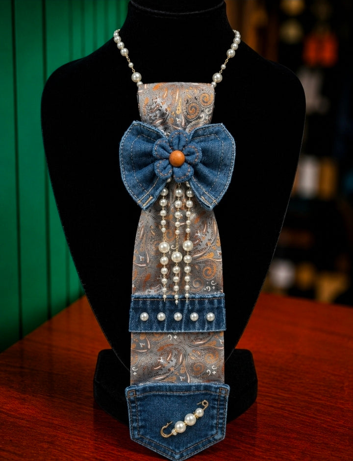Paisley Denim & Pearl Statement Necklace Tie