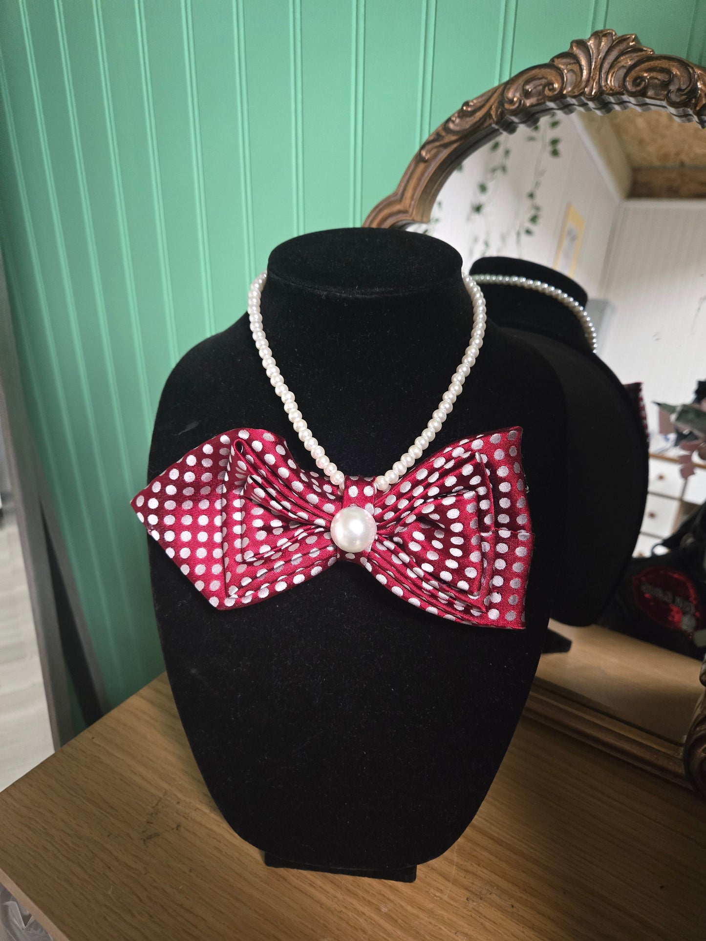 Bow Tie Necklace — Crimson Polka Dot & Pearl