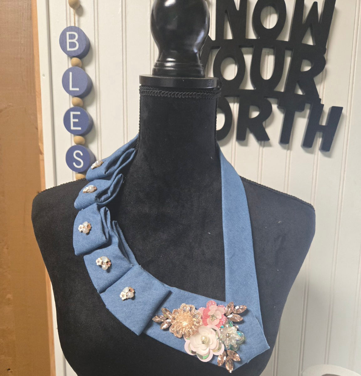 Handcrafted Denim Floral Statement Collar Necklace - Ruched Necktie