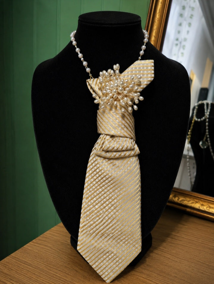 Upcycled Tie Necklace — Champagne Pearl & Brooch