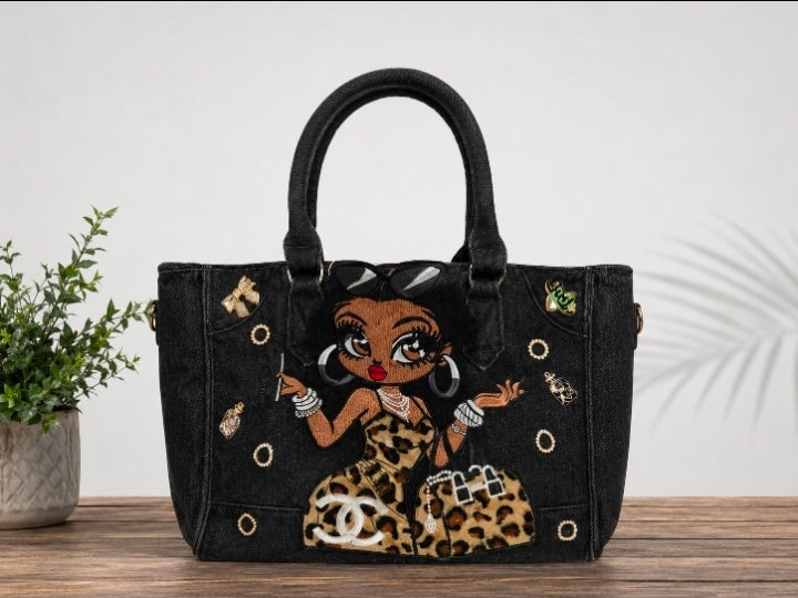 CC Leopard Black Denim Tote