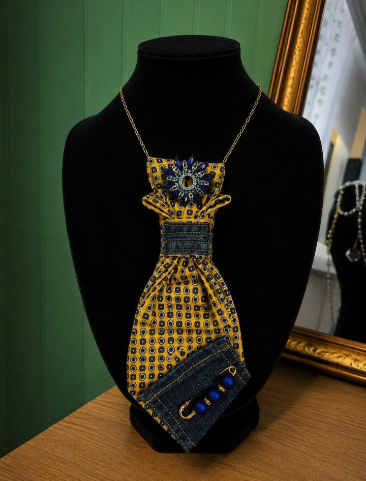Upcycled Tie Necklace — Yellow & Denim Statement Piece