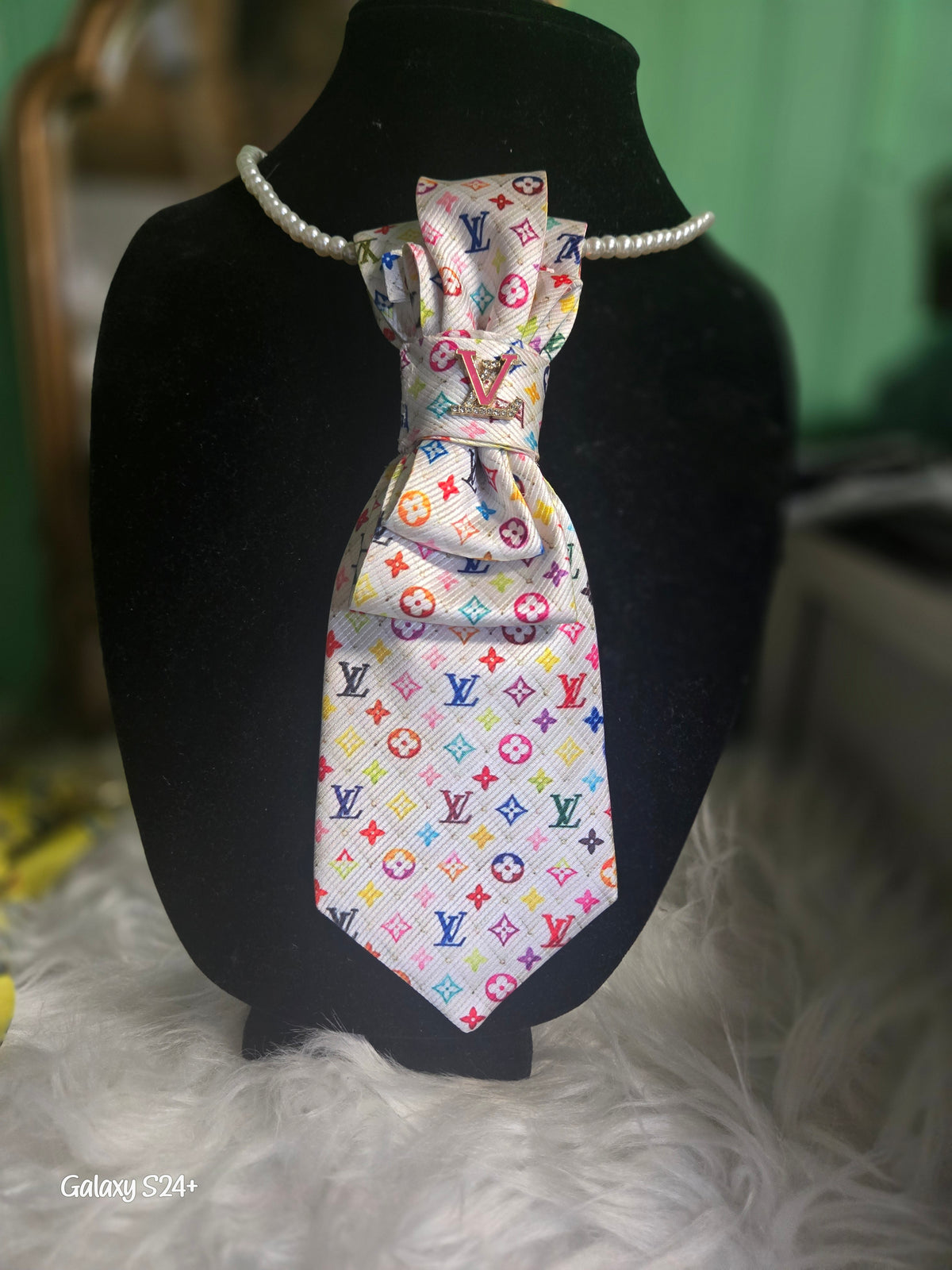 LV Inspired Necklace Tie - Black with Gold monogram