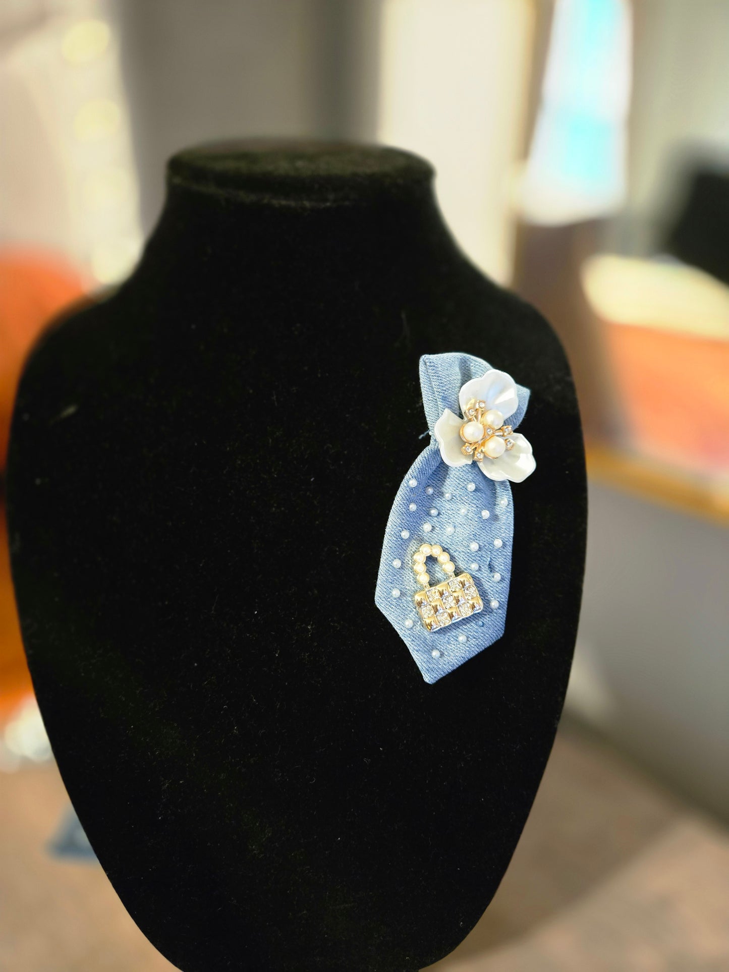 Mother Of Pearl Denim Mini Brooch Tie