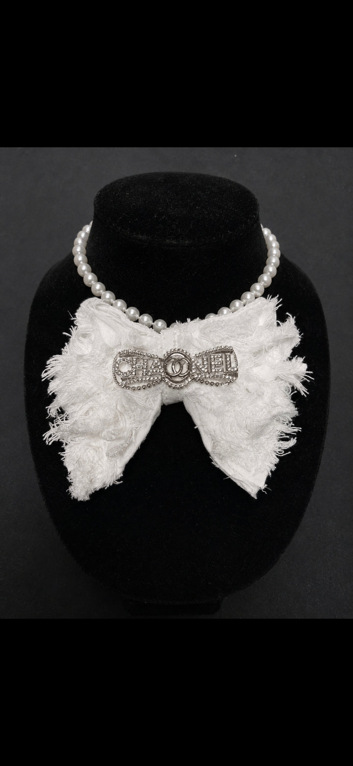 White Denim Fringe Bow Tie