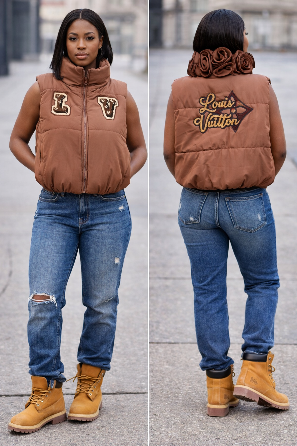 LV Inspired Brown Puff Vest