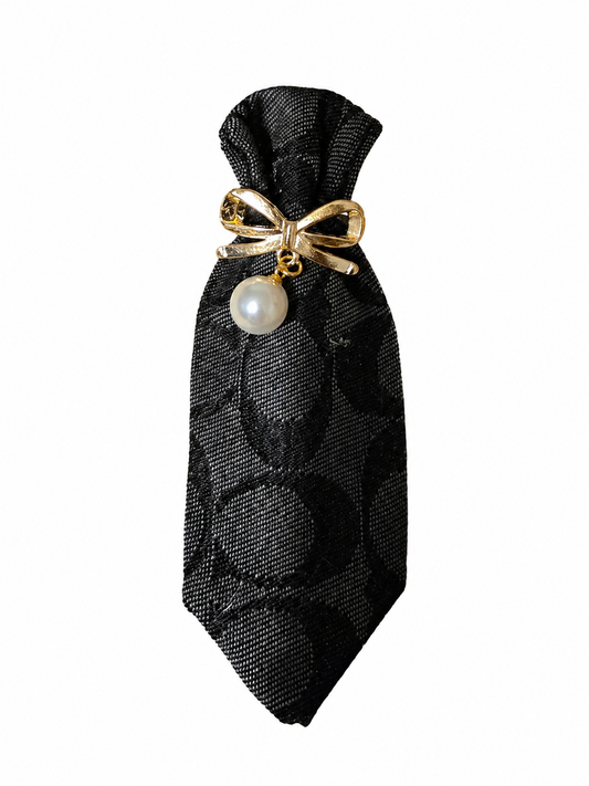 Pearl Drop Monogram Brooch Tie -Black Denim