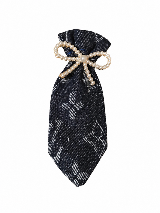 Pearl Bow Monogram LV Mini Brooch Tie - Dark Denim