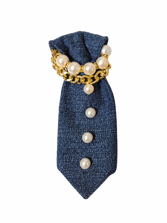 Pearl Mini Denim Brooch Tie