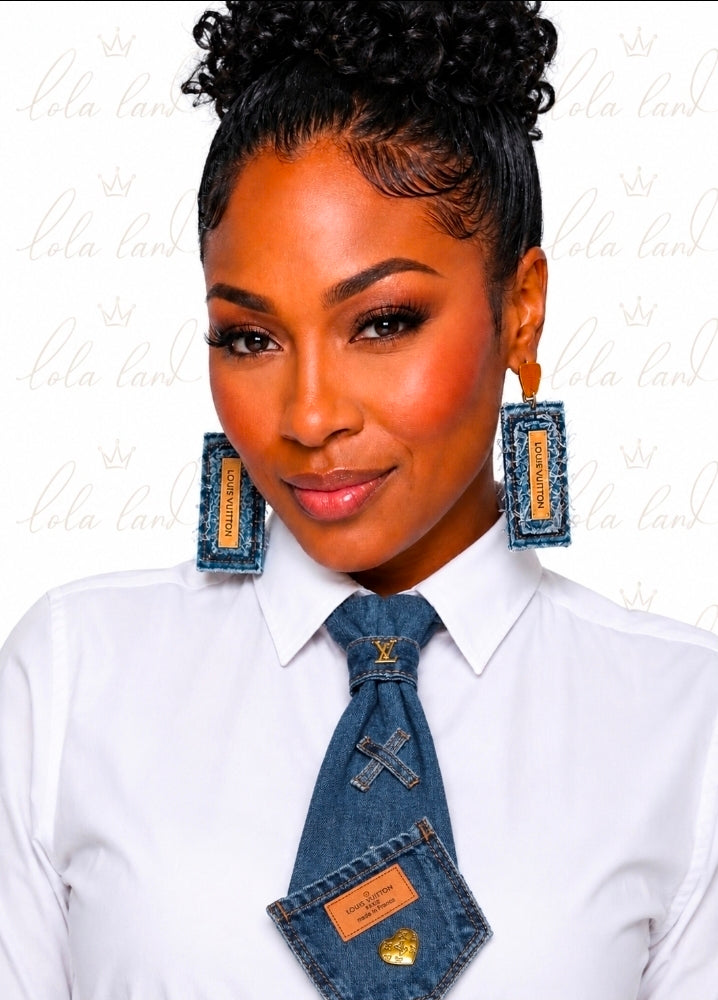 Denim Handcrafted tie with matching earrings