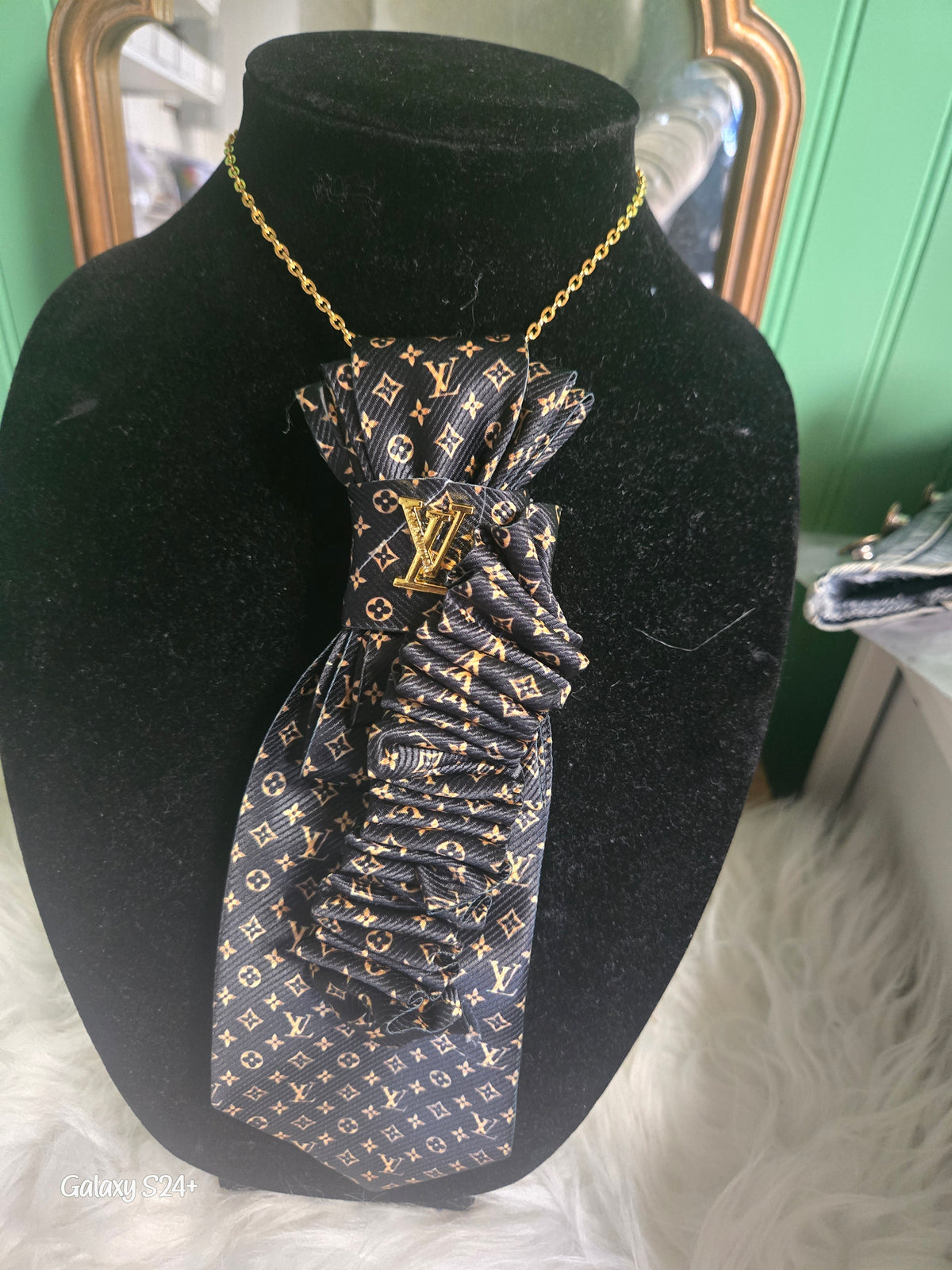 LV Inspired Necklace Tie - Black with Gold monogram