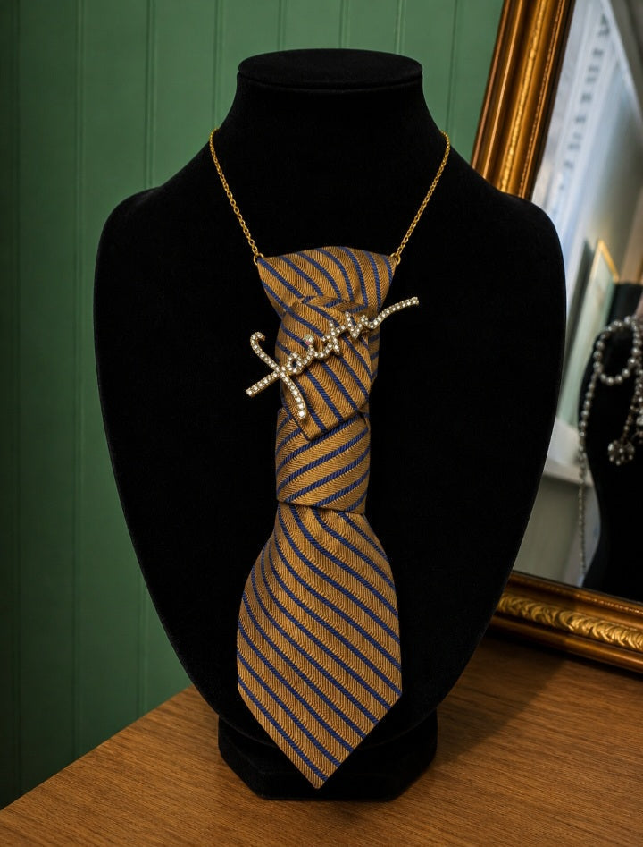 Upcycled Tie Necklace — Gold Stripe & Rhinestone Script