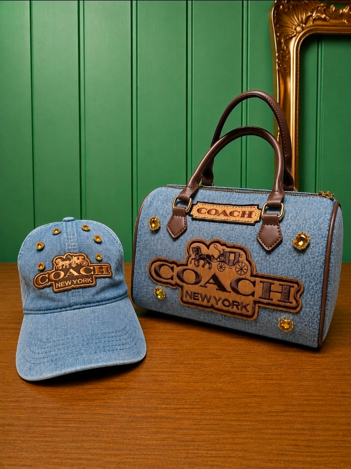 New York Denim Designer Inspired Barrel Bag & Cap Set