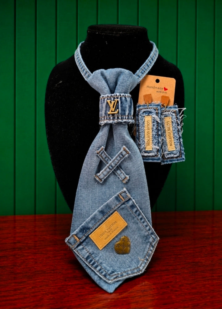 Denim Handcrafted tie with matching earrings
