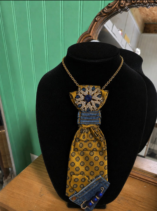 Upcycled Tie Necklace — Yellow & Denim Statement Piece